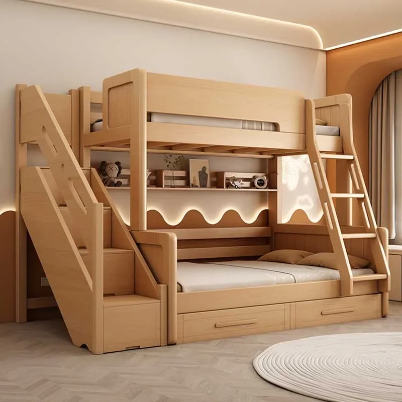 Cama de plataforma multifuncional para crianças, madeira maciça, cama de casal, pequeno mobiliário moderno, armazenamento para crianças e meninas,