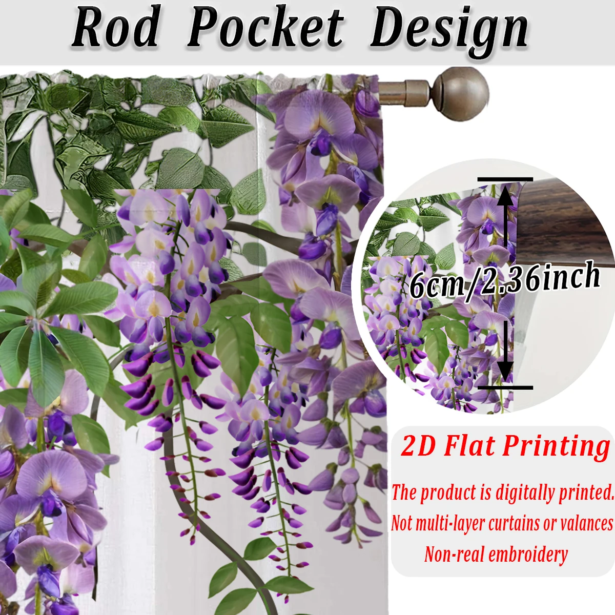Purple Wisteria Flower Flat Printing Sheer Curtain，Light Fabric，for Living Room Bedroom Home Door and Window Decor - view 5
