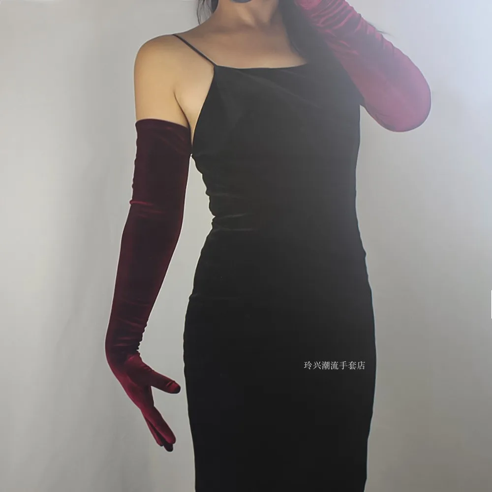 60 cm lange Samthandschuhe für Damen, elastischer Velours, Flanell, schwarz, thermisch, elegante Armstulpen, sexy Vintage-Mode, 1920er Abendmode – Detail 9