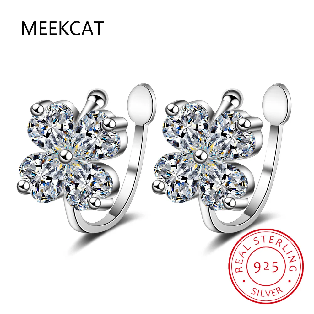 925 Sterling Silver Created Moissanite Gemstone Diamond Four Leaf Clover Ear Cuff Clip Earring Wedding Fine Jewelry Wholesale