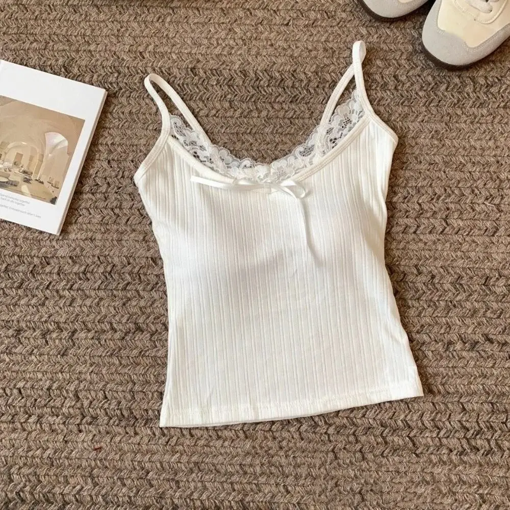 Waist-cinching Sleeveless Slim Lace Crop Top Solid Color Y2k Camisole with Pads Sweet Bottoming Shirt Lace Patchwork Vest Party