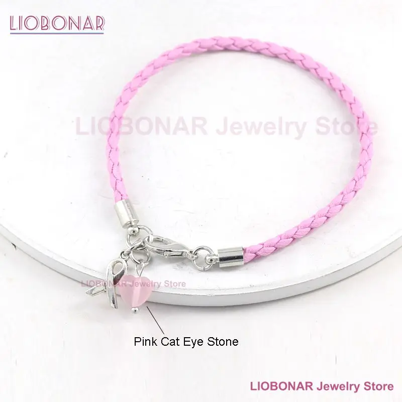 New Arrival Simple Pink PU Braid Leather Bracelets Awareness Jewelry Breast Cancer Bracelet With Pink Heart Ribbon Charm Pulsera