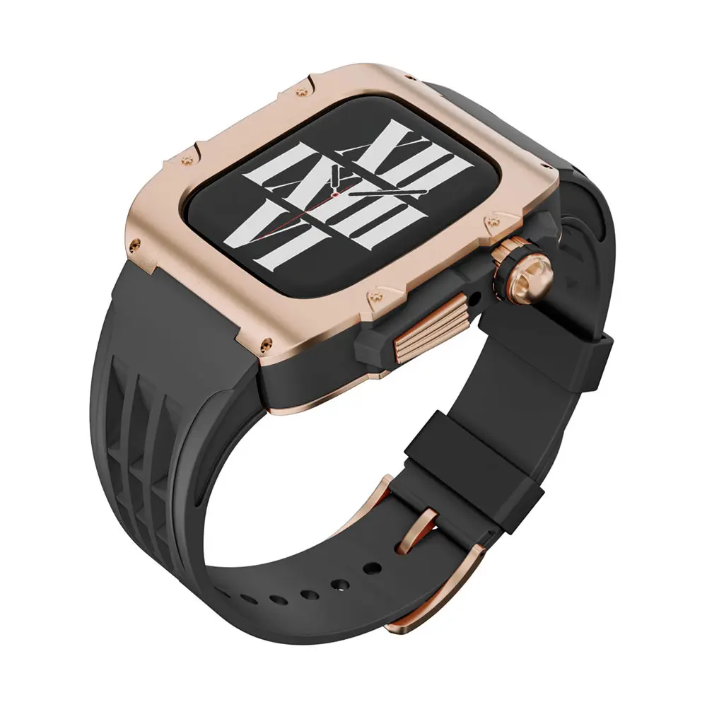 

316L Stainless Steel Case + Rubber Strap AP Mod Kit for Apple Watch Series 9 8 7 6 5 4 SE 44mm/45mm