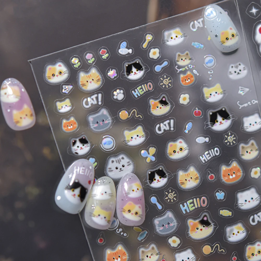 귀여운 고양이 머리 꽃무늬 5D 네일 아트 스티커 딸기 풍선 나비 물고기 스트립 발자국 귀여운 셀프 접착 매니큐어 데칼