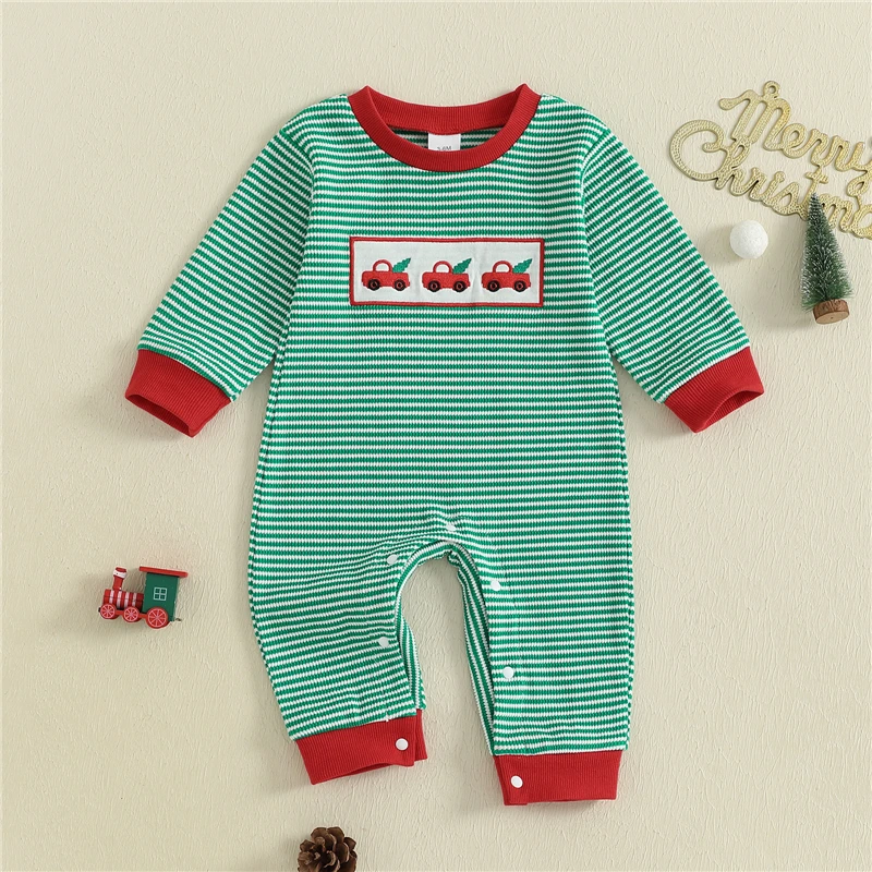 

Newborn Baby Boys Girls Christmas Stripe Rompers Fashion Car Tree Embroidery Long Sleeve Round Neck Full Length Jumpsuit