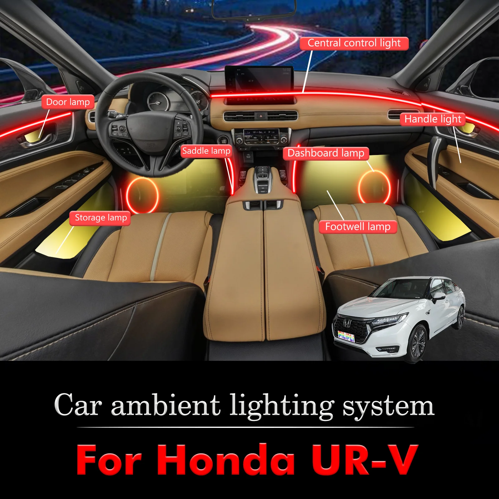 

For Honda UR-V Car Interior Decorative Ambient Light RGB 64-Color LED Smart Remote Control Energy Saving Efficient Kit