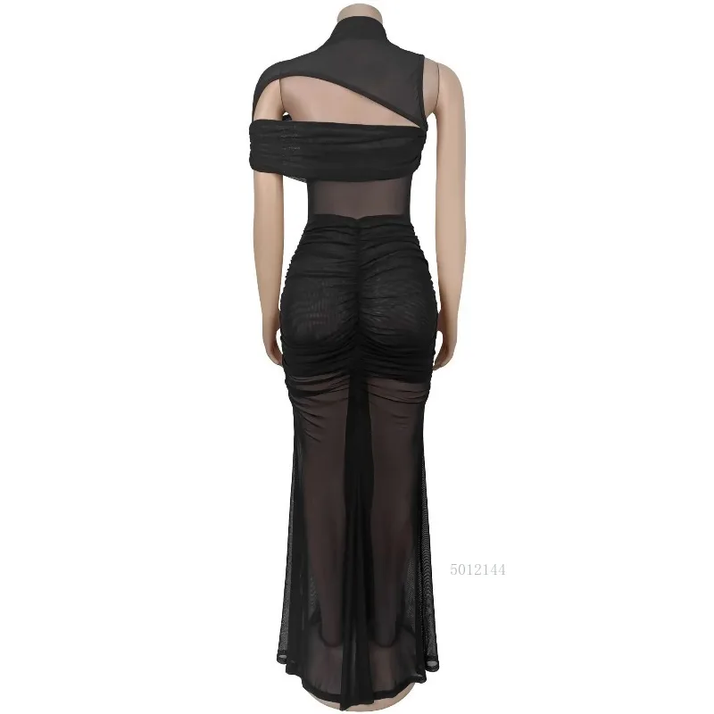 여성용 반팔 컷아웃 메쉬 러플 바디콘 미디 맥시 롱 드레스 2025 휴가 섹시 파티 베스티도 드레스