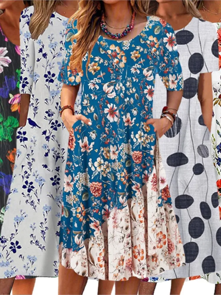 Women's Summer New Fashionable Printed Round Tie Pocket Short Sleeved Casual And Comfortable Mid Length Dress