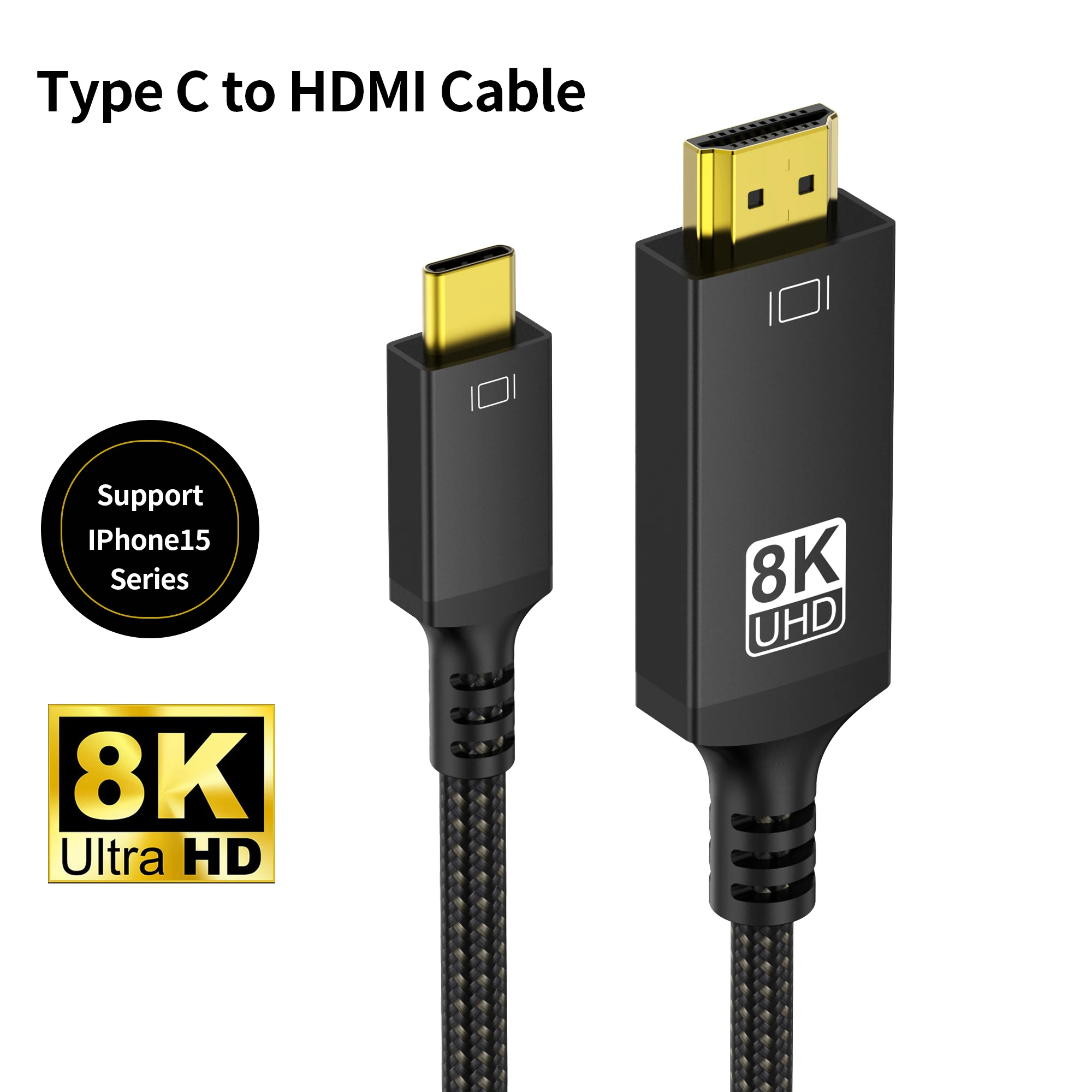 USB C to HDMI Cable 8K 4K Type C To HDMI 2.1 Thunderbolt 3/4 To 8K/60Hz 4K/120Hz For IPhone15 Pro Surface MacBook Galaxy Dell