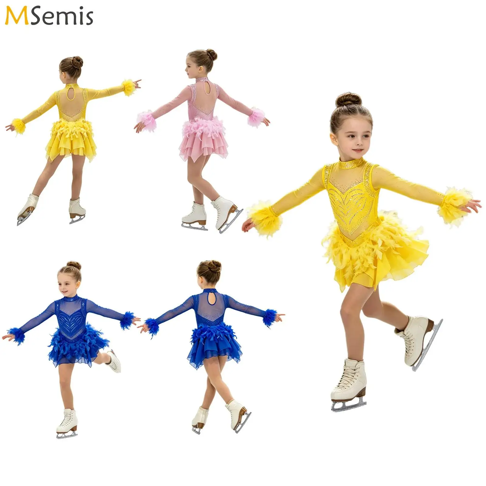 子供用ガールズアイスフィギュアスケートドレス-フェザー-ラインストーン-ロングメッシュスリーブ-バレエ-リリカルダンス-パフォーマンス競技用衣装