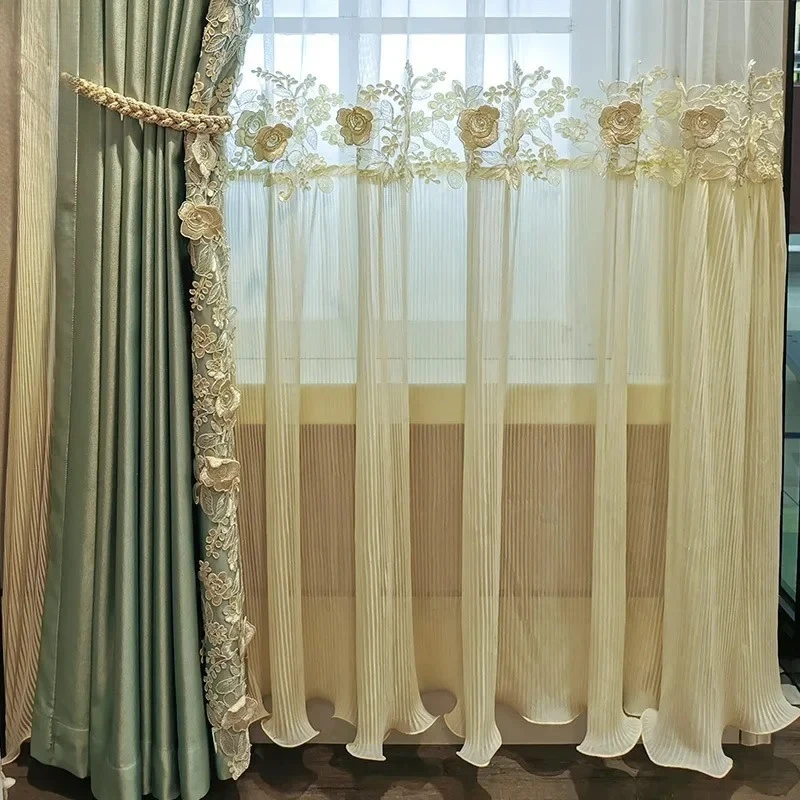 High-grade French Embroidered Lace Mint Green Glossy Curtains for Living Room Bedroom Dining Room Partition Curtain Balcony