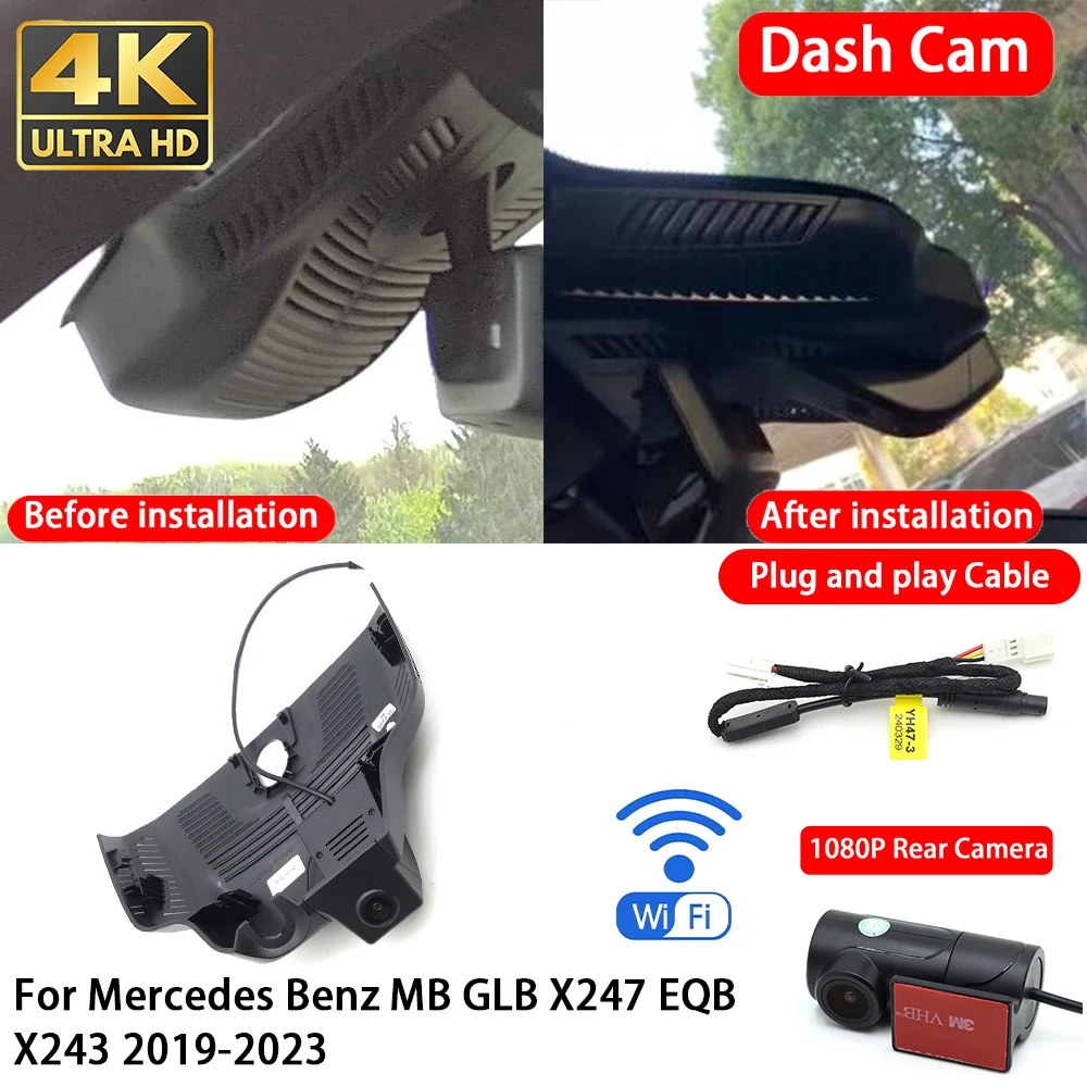 for Mercedes Benz MB GLB X247 EQB X243 2019-2023 4K 2160P Dash Cam Front Rear Car Camera DVR Wifi Plug & Play Video Recorder