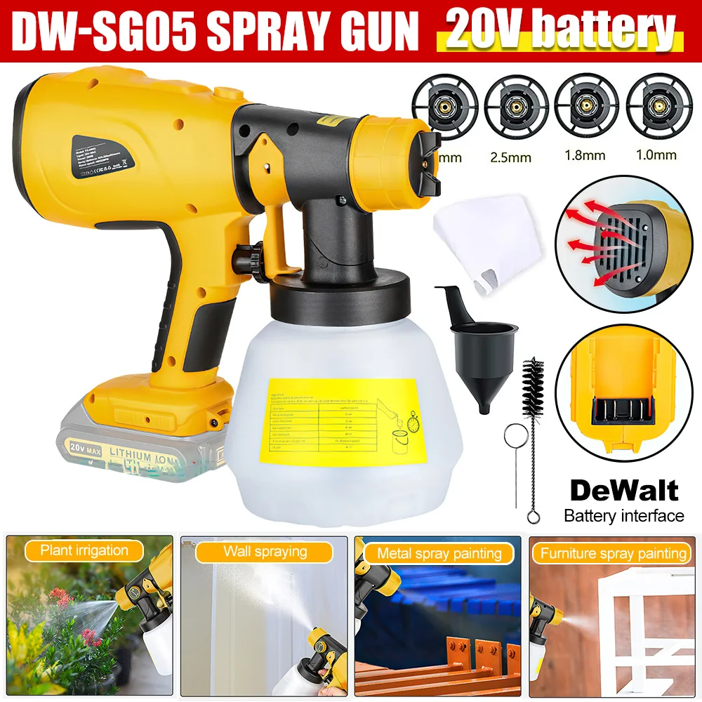 1000ML Cordless Electric Spray Gun Paint Sprayer Auto Furniture Steel Coating Airbrush Power Tool for Dewalt 18V-20V Battery