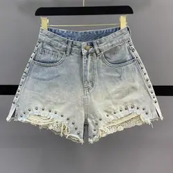 Summer  Nail Bead Hairy Hot Pants Women's A-line Loose Wide Leg Pants Look Thin Internet Red Denim Shorts