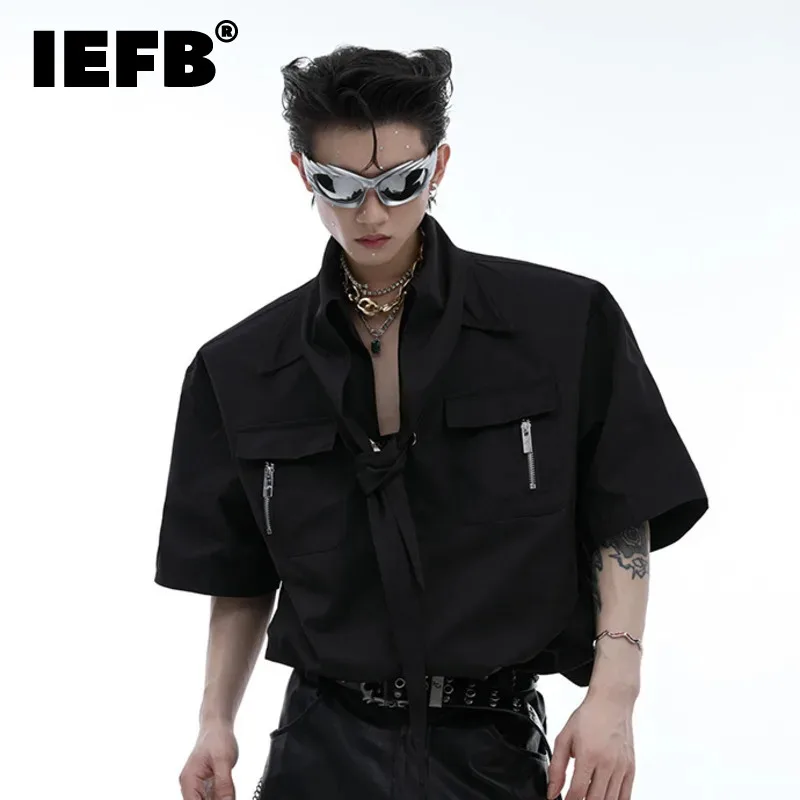 

IEFB Niche Deconstruction Collar Design Shirts Metal Simple Versatile Short Sleeved Solid Color 2024 Male Tops Fashion 24E1534