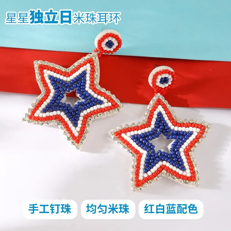 2024 New Ethnic Style Five-pointed Star Red White and Blue Color Hand-beaded Independence Day Rice Bead Earrings