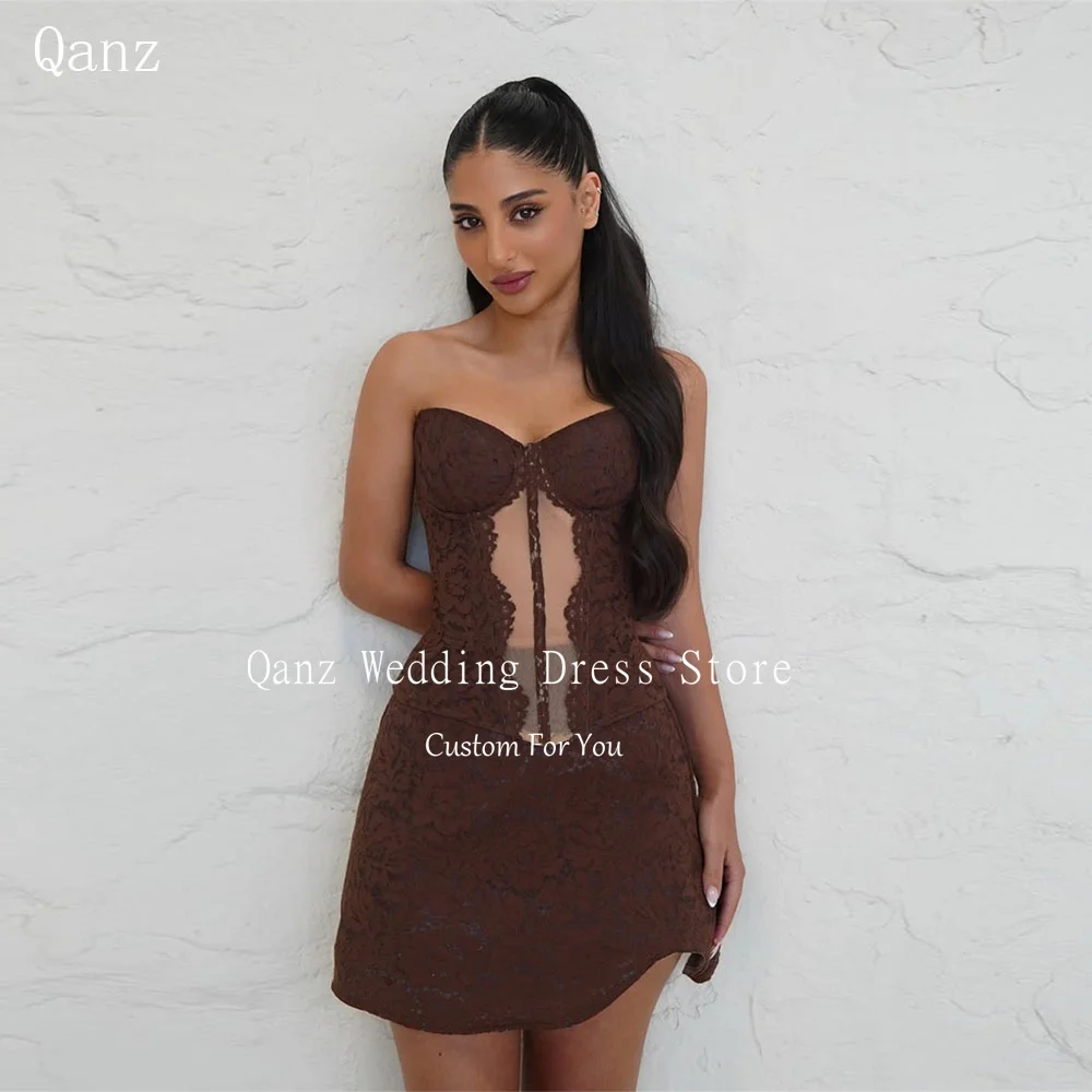 

Qanz Mini Brown Lace Prom Dresses Short A Line Vestidos De Fiesta Elegantes 2026 Corset Back Birthday Party Gowns Customized