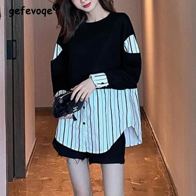 2024 Spring Autumn Women Trendy Striped Patchwork Casual Streetwear Sweatshirts Korean O Neck Long Sleeve Loose Pullover Tops