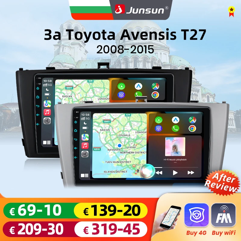Autoradio Junsun 8 cœurs sans fil Carplay Android Auto pour Toyota Avensis T27 2008-2015, système multimédia intelligent avec 4G WiFi GPS Navi RDS DAB+ FM DSP SWC