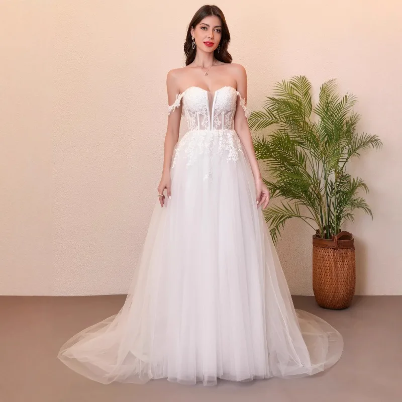 2026 New Bride's One Shoulder V-neck Backless Simple Trailing Wedding Dress Engagement Temperament Dress High-end Customization