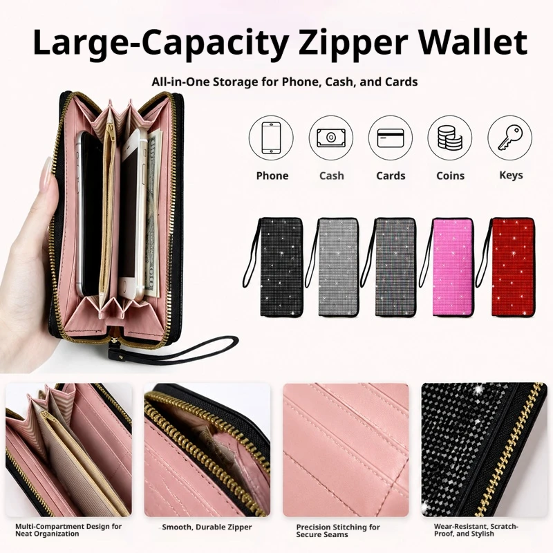 Halloween Christmas Gift Portable Rhinestone Long Zipper Clutch Wallet, PU Multi Card Slots Wrist Strap Large Purse