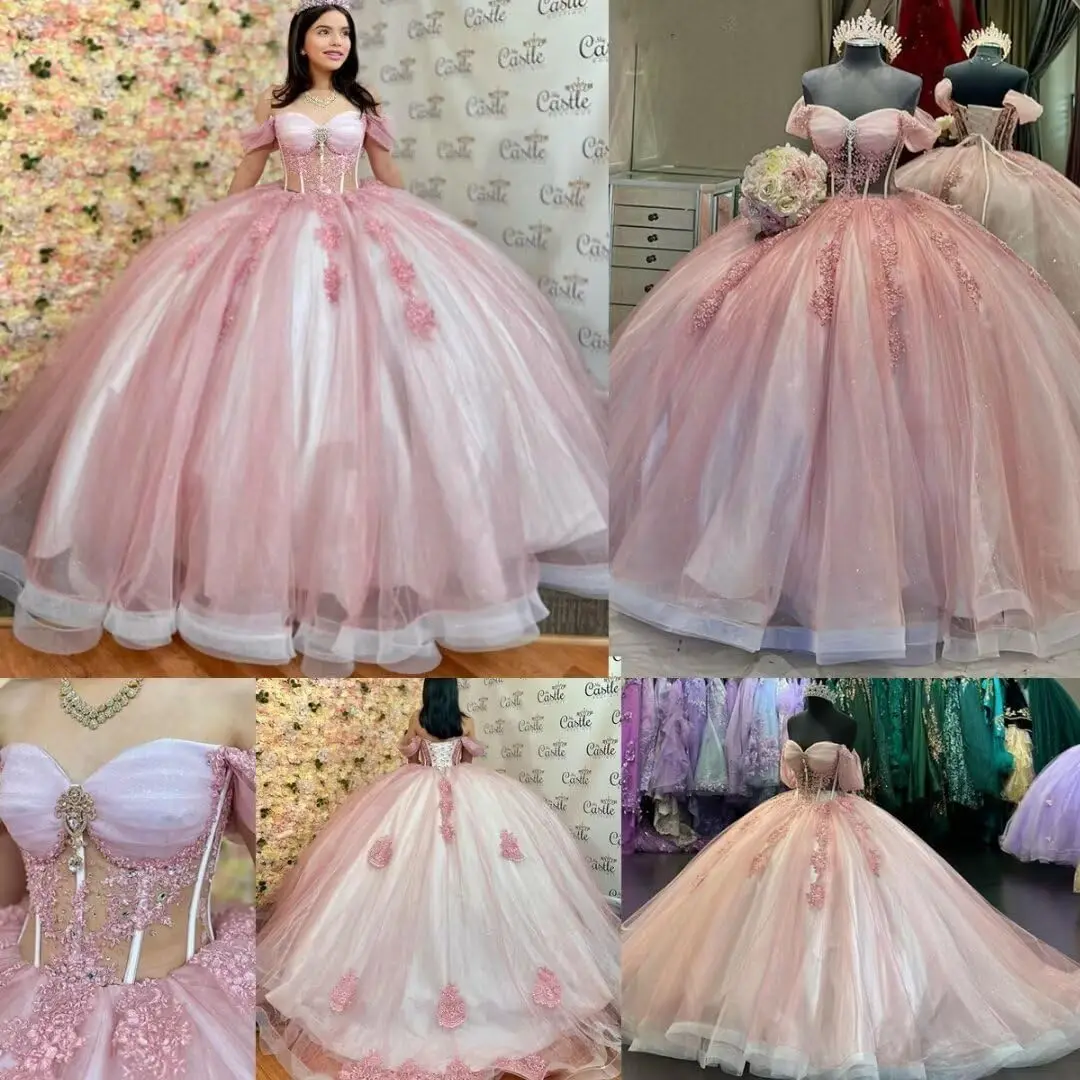 Gardlilla Sparkly Beaded Sweet 15 16 abiti Off spalla pizzo Quinceanera abiti Puffy Tulle Prom Ball Gown con treno