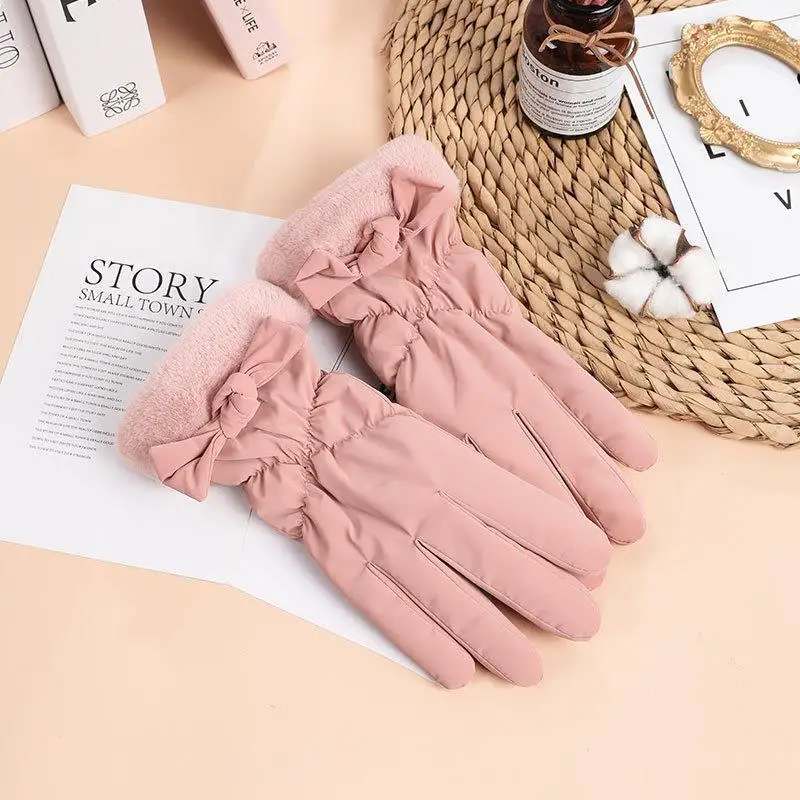 Women Cold Resistant Winter Gloves Thick Fleece Windproof Touch Screen Gloves for Outdoor Cycling and Driving