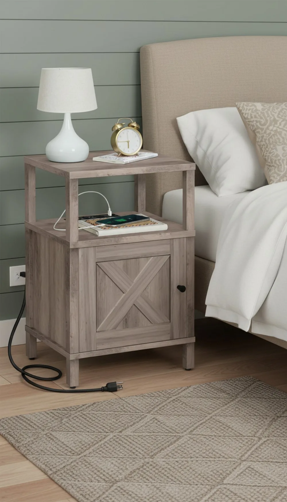 

Farmhouse Nightstand with Charging Station, Greige Bedside Table with USB & Type-C Ports, Storage End Table for Bedroom