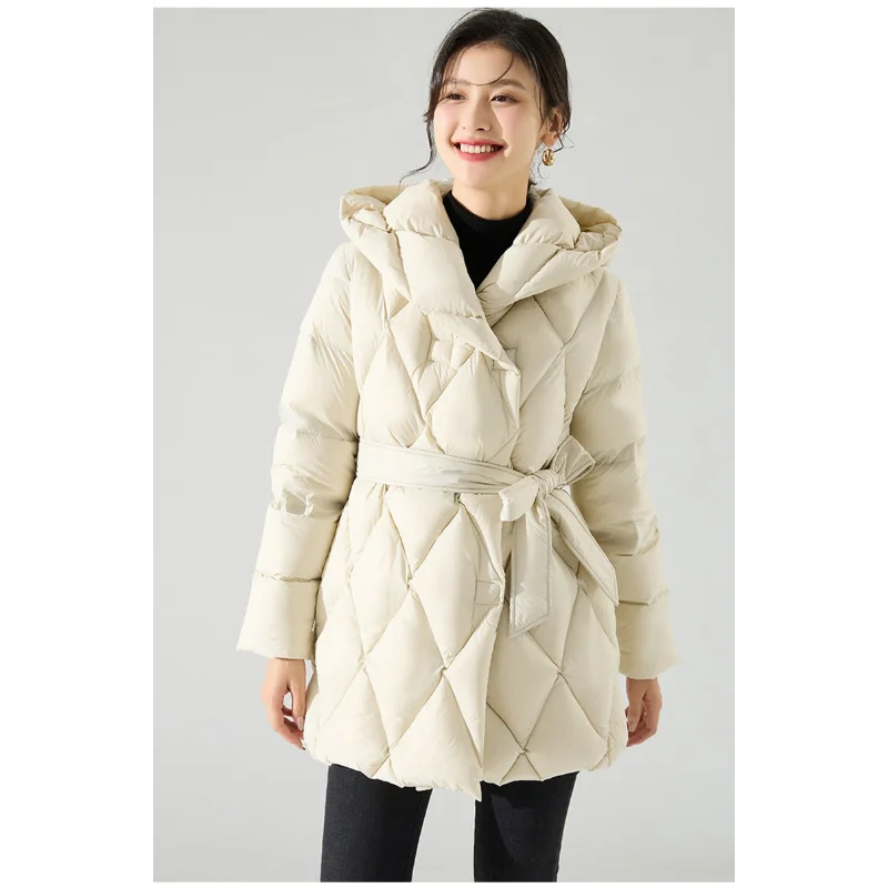 Duck Down Jacket for Women, 90Ultralight, White, Mid-length, Diamond Plaid, Single-Breasted Hood, Warm Parka, Snow Outwears