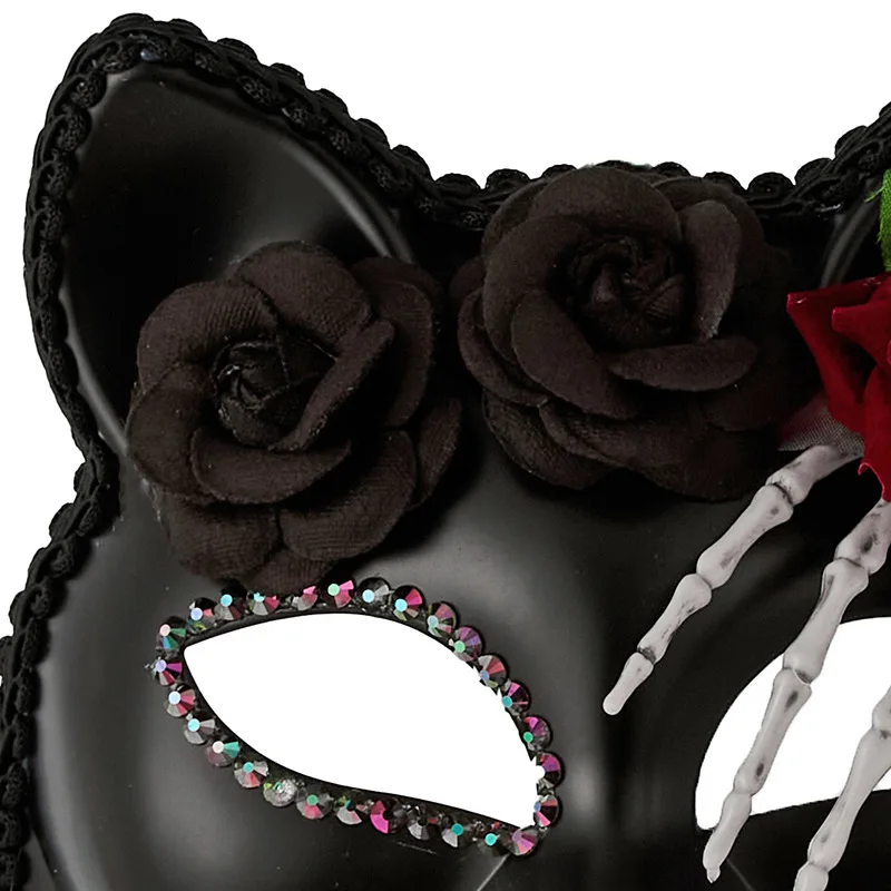 البندقية حفلة تنكرية القوطية الهيكل العظمي اليد الأحمر روز الزخرفية نصف قناع الظلام هالوين القط فتاة الرعاية قناع البلاستيك الأسود