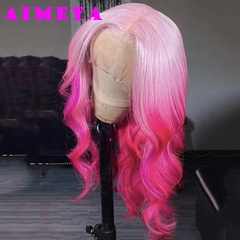 AIMEYA Ombre Pink Lace Front Wig Fashion Synthetic Wig  Long Silky Straight Body Wave Rose Red Wig Halloween Cosplay Makeup