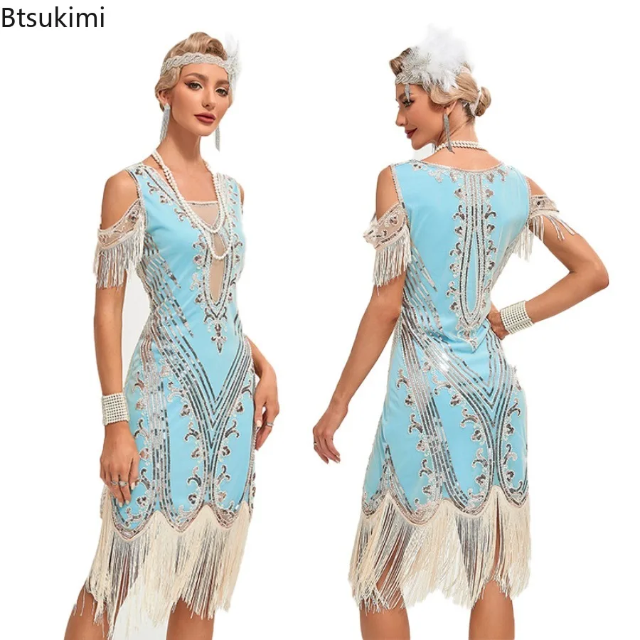 Vintage Embroidery Tassel Women Dress Sequin Studded Mesh Beaded Off-Shoulder Party Skirt Costume Evening Prom Cocktail Dresses