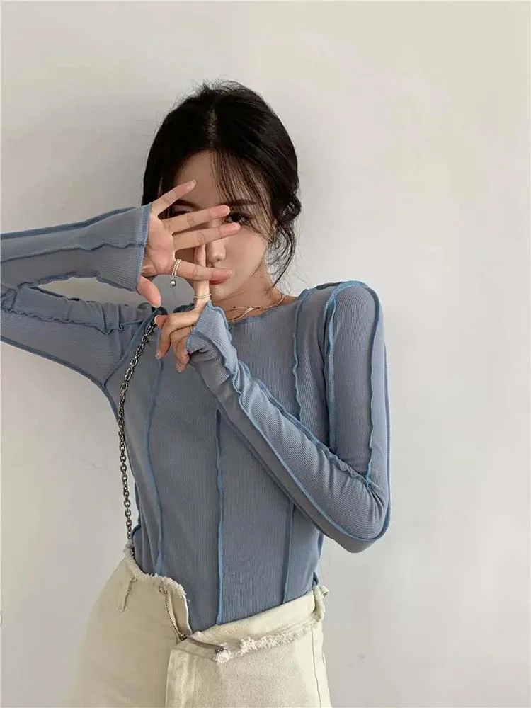 Sexy Shirt Women T-Shirt Long Sleeve Korean Style Slim Basic Elasticity Tshirt Top Womens Clothing T Shirt Femme