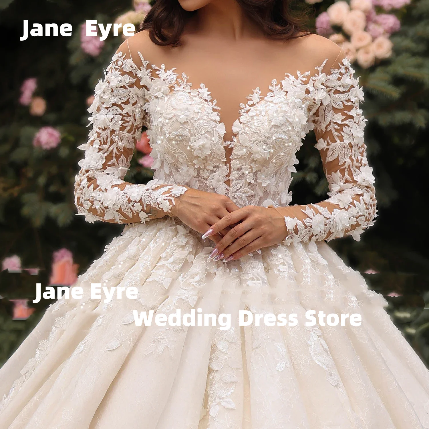 Jane eyre colher pescoço manga longa vestido de baile vestido de casamento requintado apliques miçangas flores princesa vestido de noiva personalizado