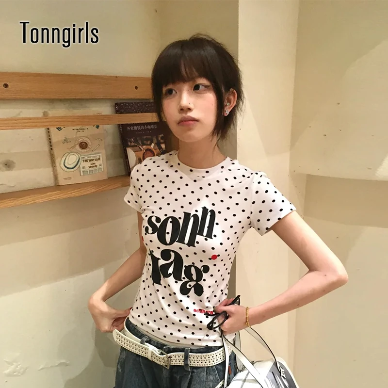 Tonngirls Harajuku Print Graphic Tops Women Short Sleeve Polka Dot T-shirt Y2k Japanese Vintage Grunge Tops Streetwear Tshirts