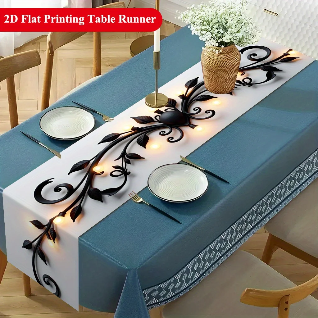 Black Floral Table Runner - 1PC Warm Light Flower Easy Clean Dining Coffee Table TV Stand Holiday Party Cover