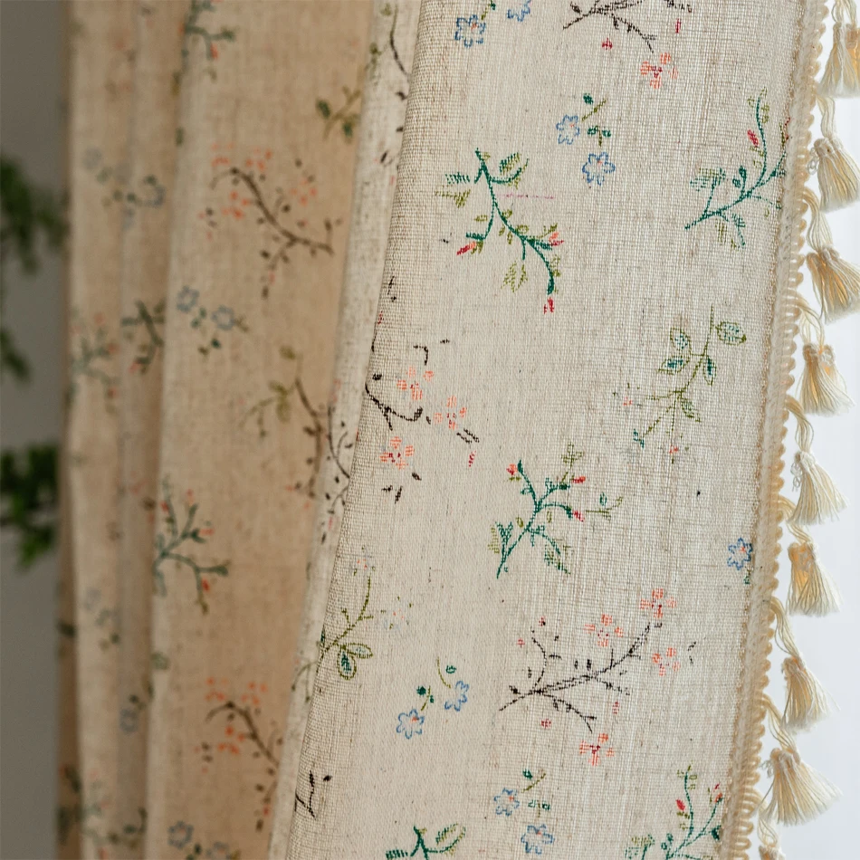 Cotton Linen Blue Retro Orchid Curtains Floral Tassel for Kitchen Bedroom Living Room Bay Window Cabinet Curtain
