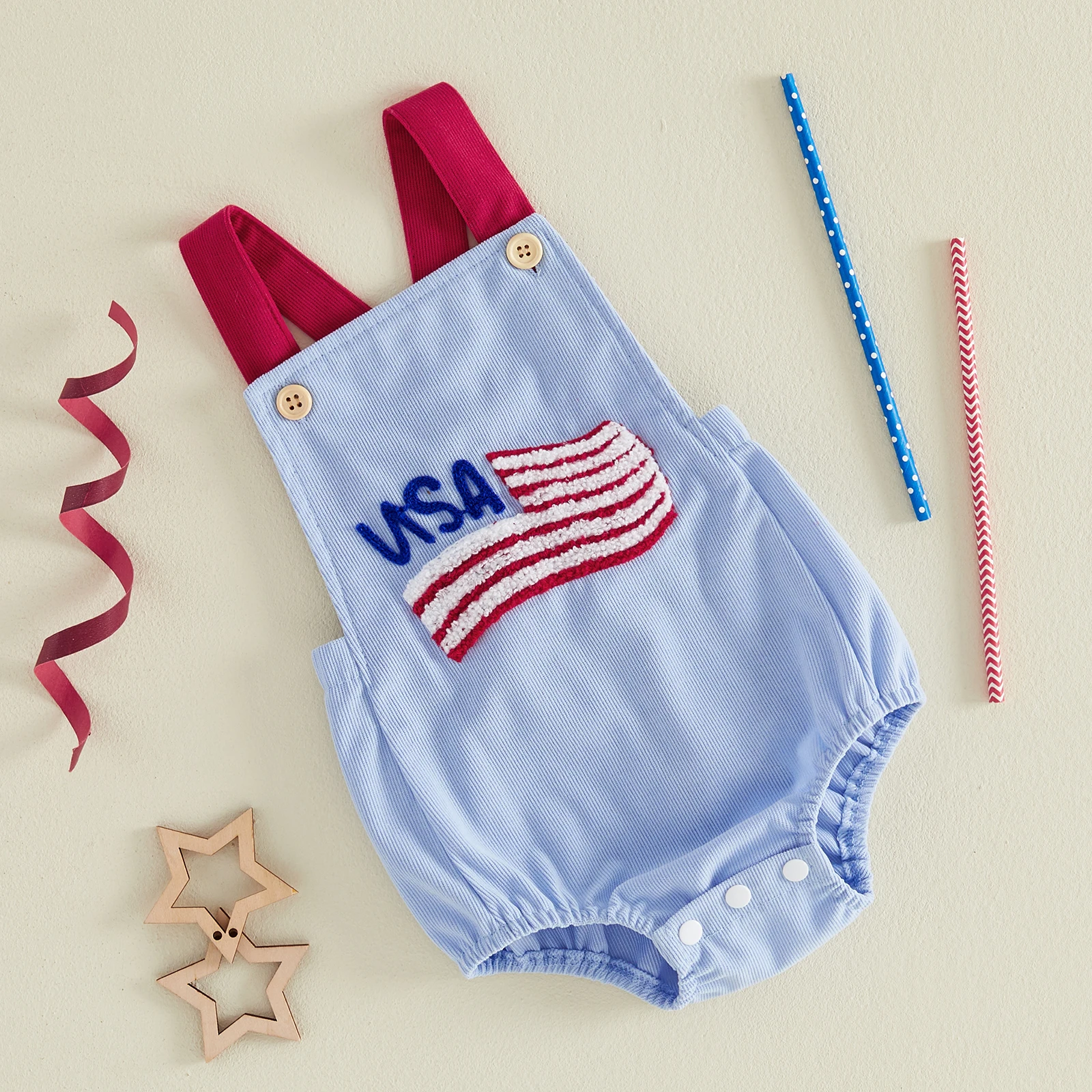Baby 4th of July Overalls Flag Embroidery Girls Boys Sleeveless Jumpsuit Suspender Bodysuits Pants Independence Day Clothes