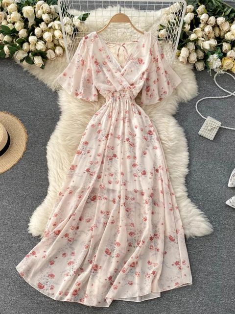 2022 Women Summer Dress Short Flare Sleeve V neck Chiffon Maxi Dress Boho Style Floral Print High Waist A line Beach Long Dress Dresses AliExpress