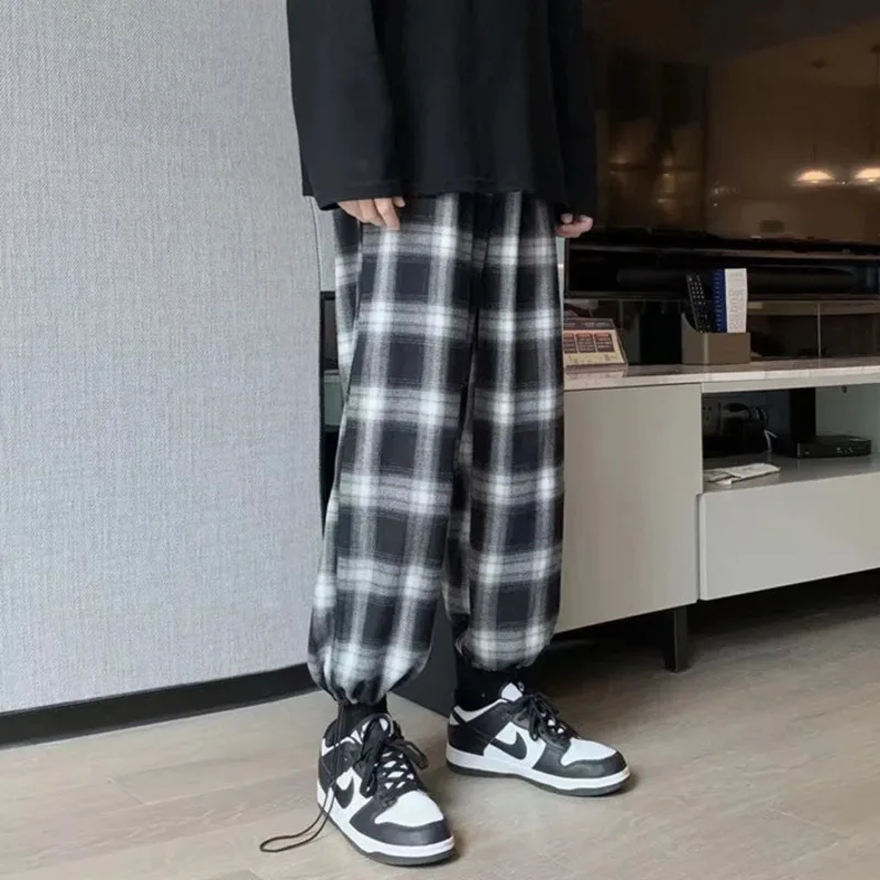 Plaid Pants Men Fashion Retro Color Contrast Casual Pants Men Streetwear Loose Hip-hop Straight Pants Mens Trousers M-3XL