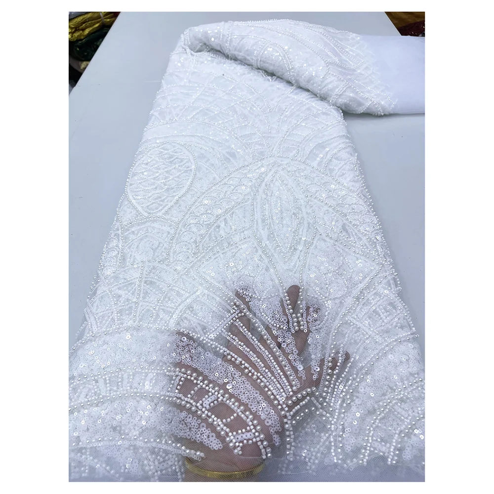 Nigerian Sequins Lace 2025 Collection Bridal Premium Embroidered Heavily Beaded Fabric 5 Yards for Elegant Wedding Gowns   F4583