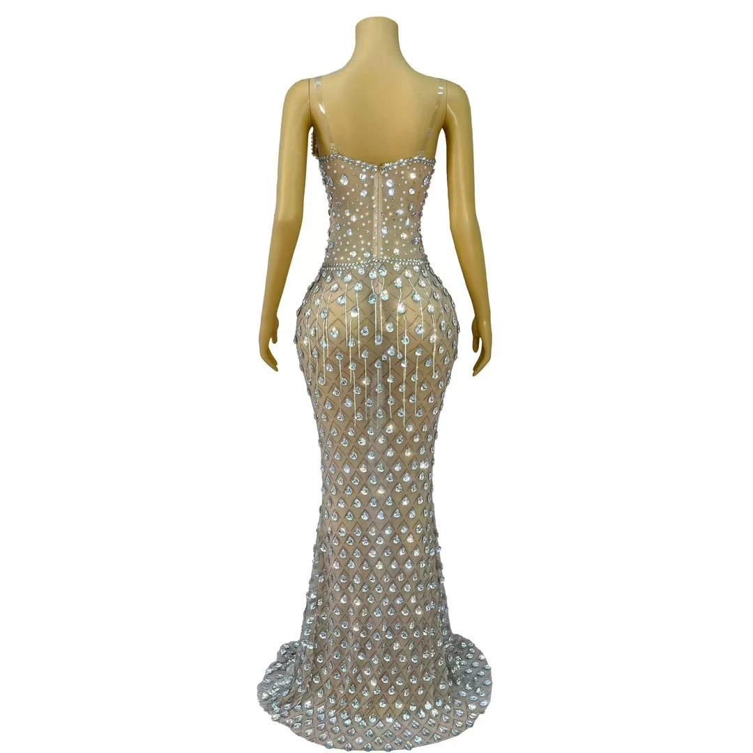 High-end Dinner Party Elegant Evening Dress Wedding Prom Luxurious Sparkly Rhinestone Evening Gown  Women Club Dance Maxi Dress