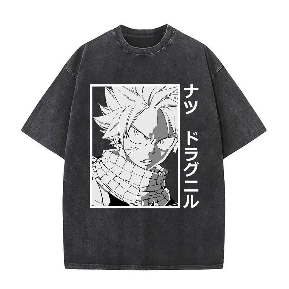 Washed Vintage Anime Fairy Tail Graphic T Shirt Manga Natsu Dragneel Print T-shirt Fashion Casual