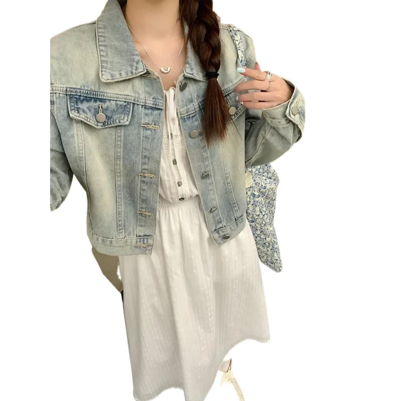 Retro Vintage Denim Kurz mantel Damen Herbst locker und vielseitig kleine lang ärmel ige Jacke Top