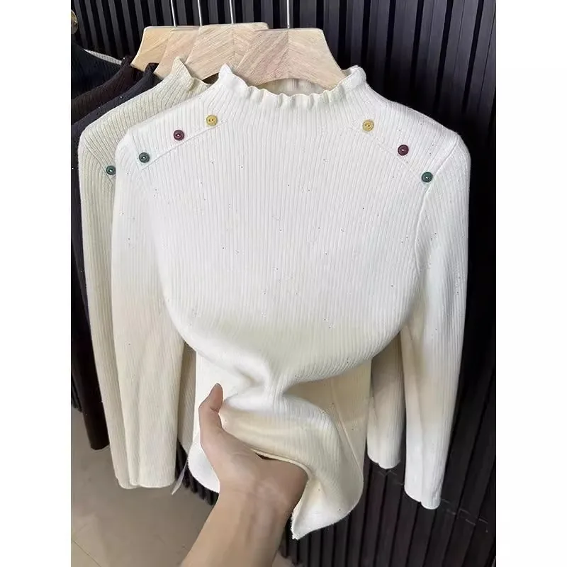 Pull en tricot à col montant une pièce Thiened Color f pour femme, nouveau modèle d'hiver, bouton intérieur