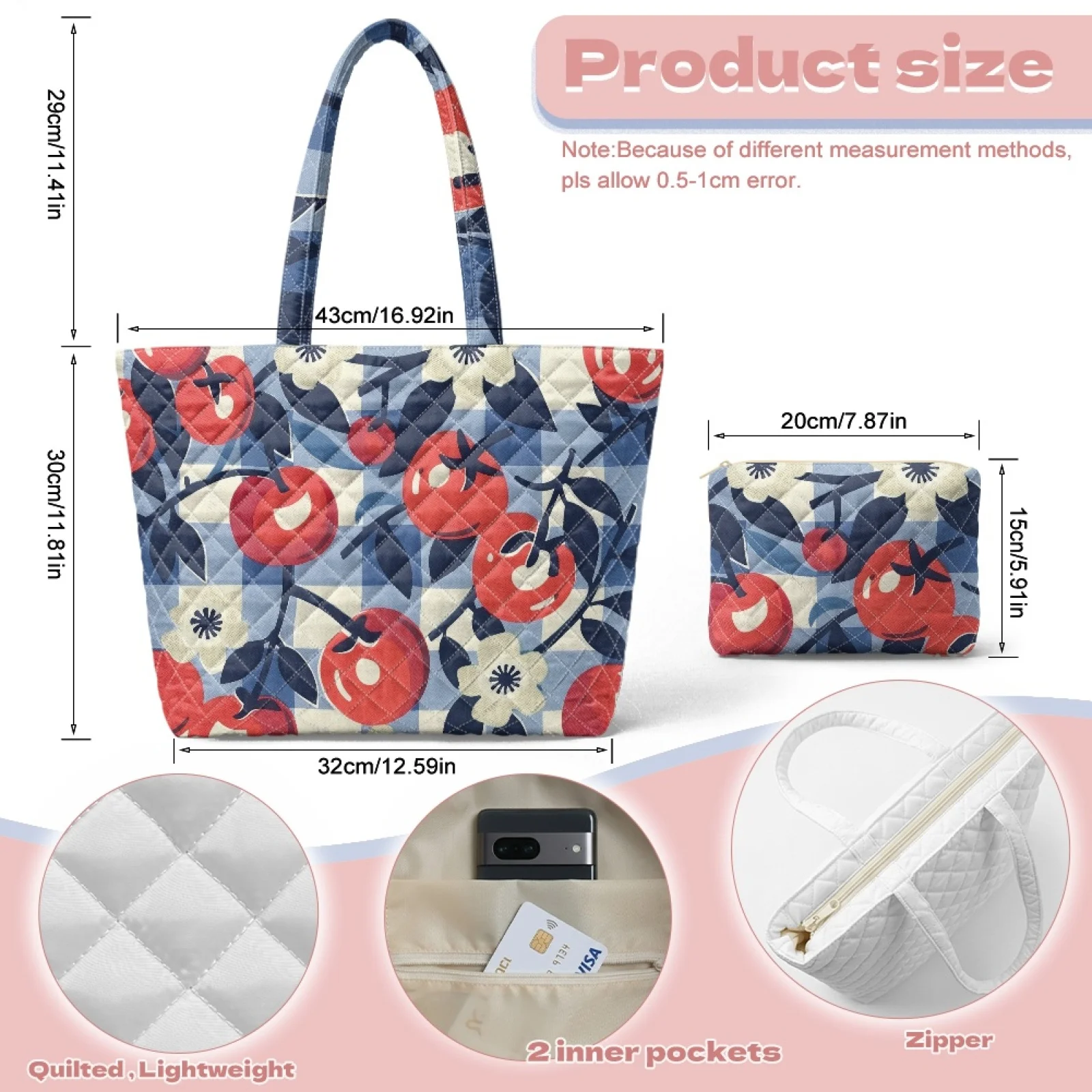 Coloranimal Set of 2 Quilted Tote Bags with Banana Print, Matching Handbag and Cosmetic Bag for Womens Daily Work and Dating