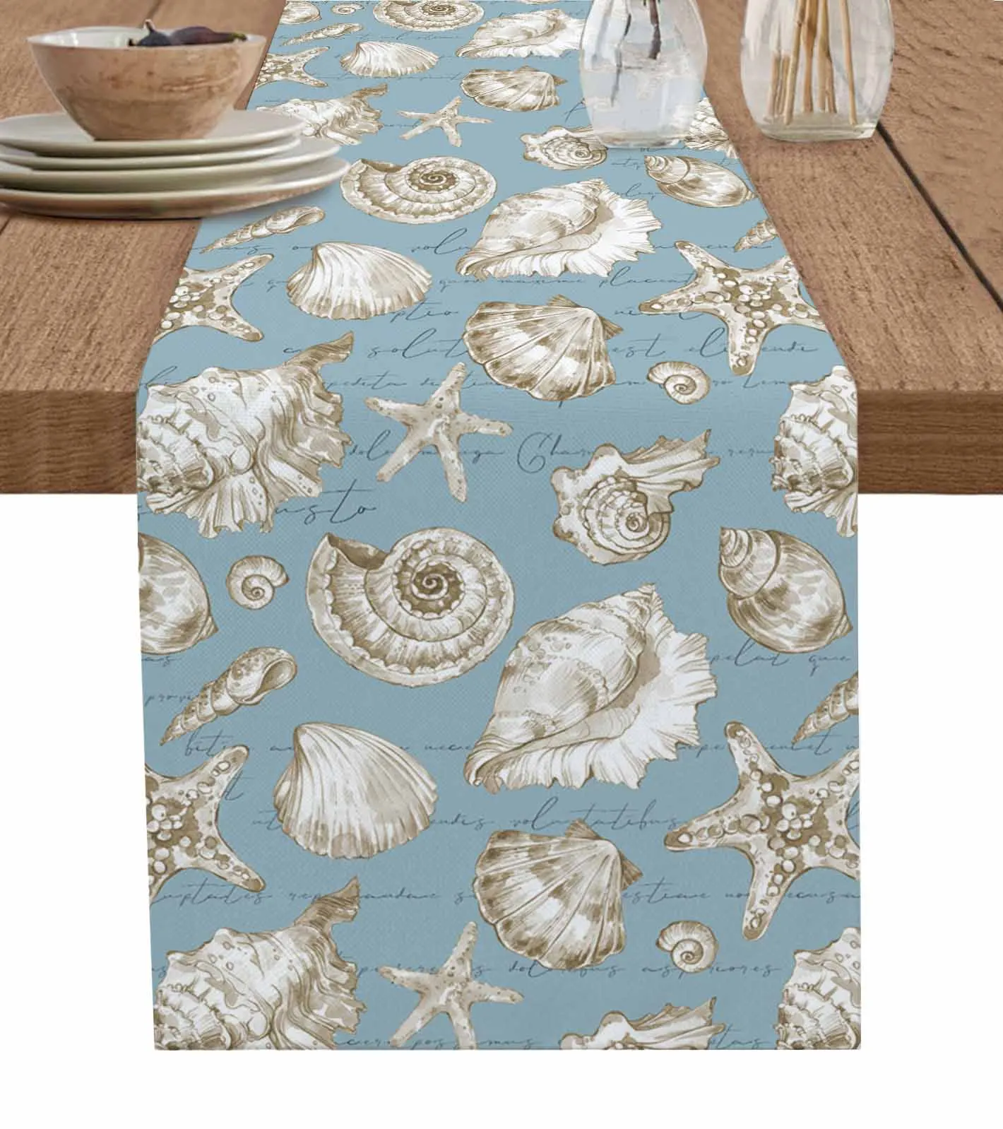 

Starfish And Shells Coral Retro Linen Table Runners Kitchen Table Decoration Dining Table Runner Wedding Party Supplies