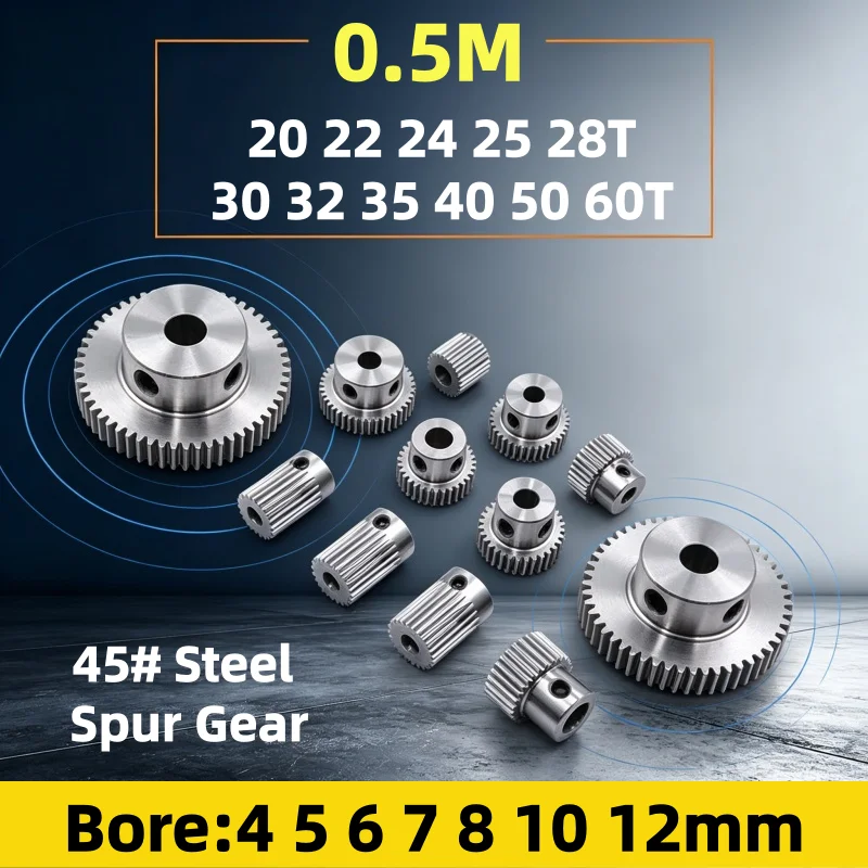1Pc 0.5M 45# Carbon Steel Step Spur Gear 20‑60T 20 22 24 25 28 30 32 35 40 50 60 Teeth Bore 4‑12mm Motor Transmission Gear Wheel