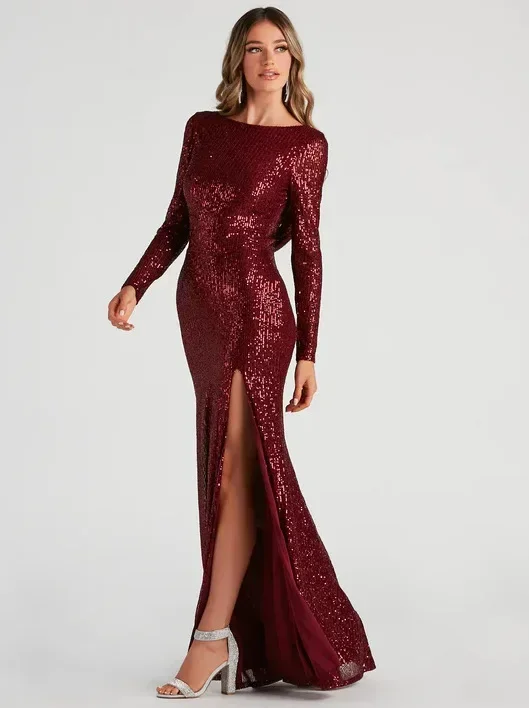 Robe de Soirée Longue à Paillettes pour Femme, Col Rond, Fente Latérale, Manches sulf, Design Dos Ouvert, Cérémonie Adulte