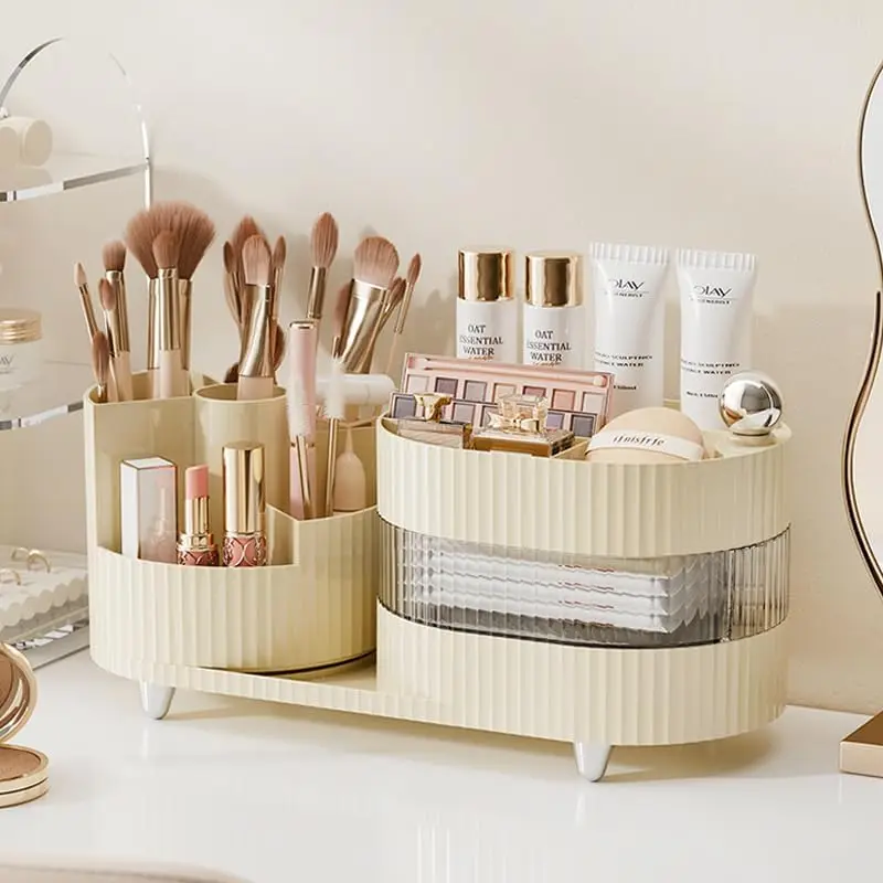 Organizador de tocador giratorio con cajón y soporte para brochas, estuche de exposición para maquillaje y almacenamiento de cosméticos para el cuidado de la piel y perfumes